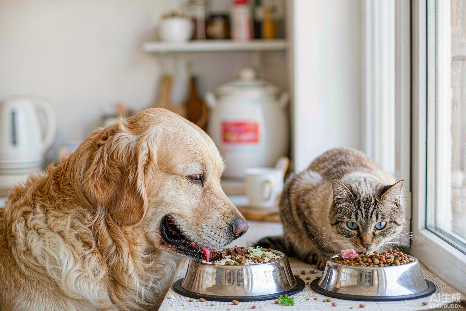 A golden retriever and a tabby cat eating balanced meals side by side