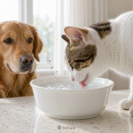 A cat drinking fresh water from a clean ceramic bowl