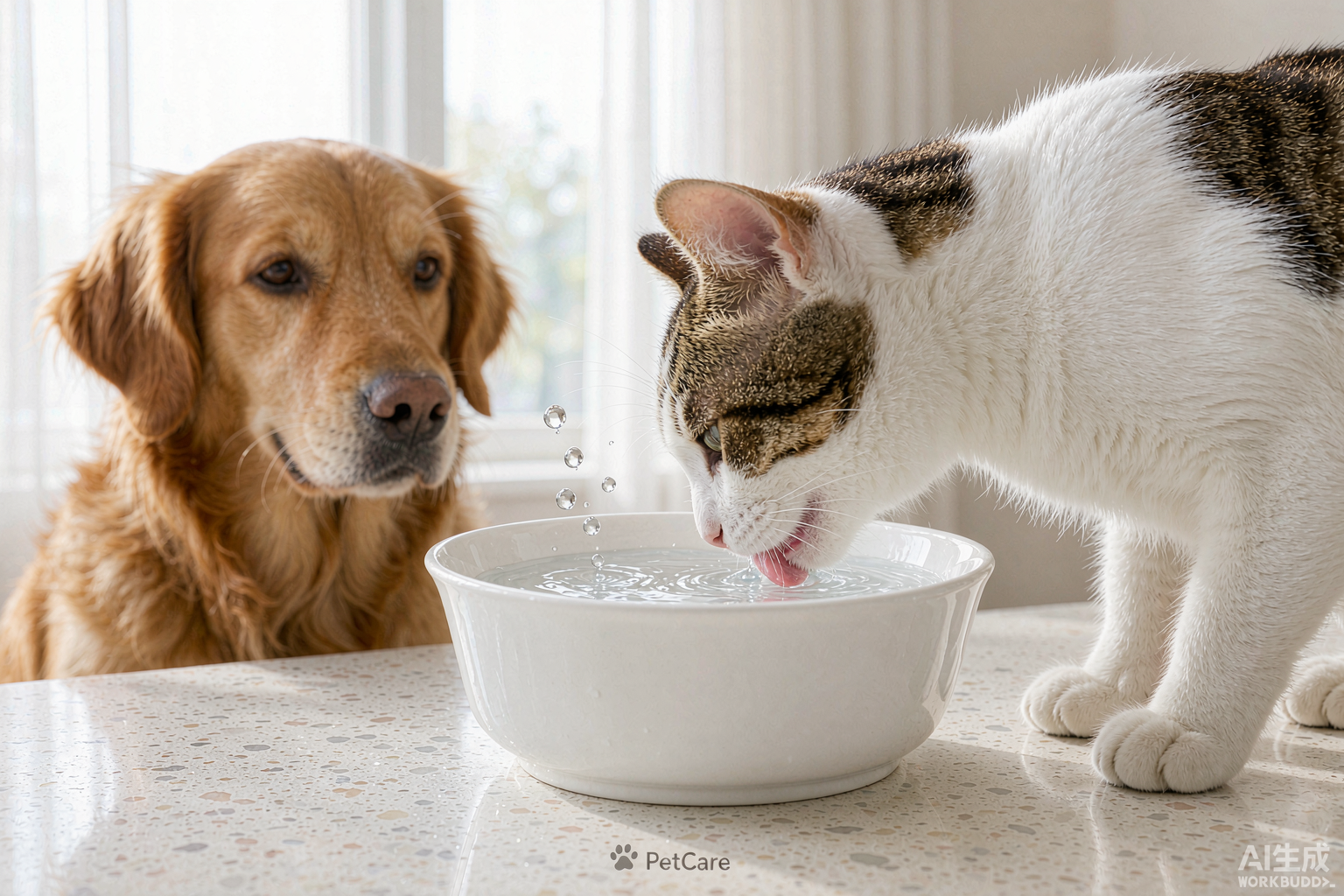 A cat drinking fresh water from a clean ceramic bowl