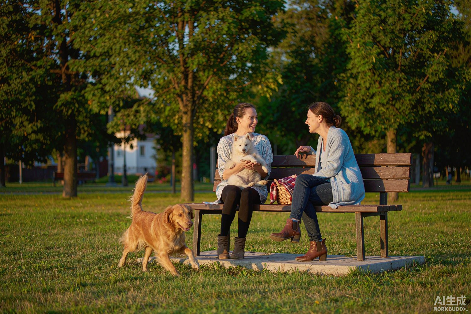 Two pet parents chatting at a park while their dogs play together
