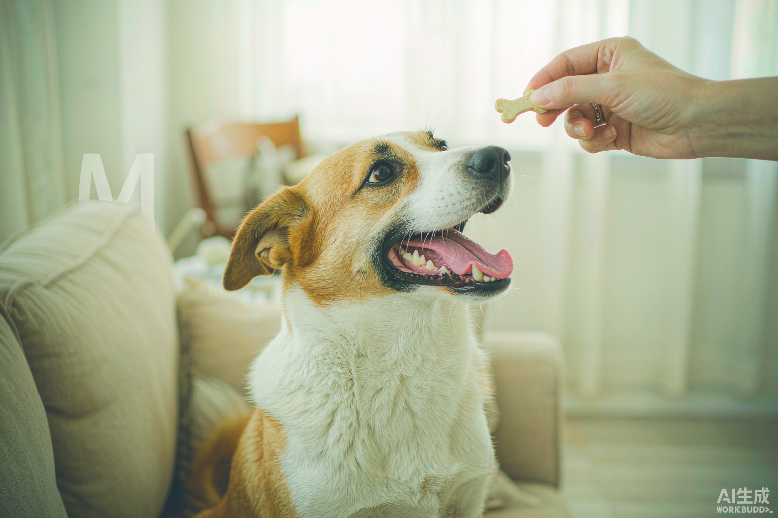 A happy dog being rewarded with a small healthy treat